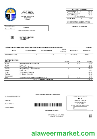 USA Oklahoma City of Tulsa business utility bill template in Word and PDF formats